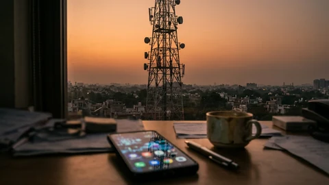 AI-generated telecom tower at sunset.