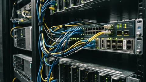 AI-generated image of a data center server rack with cables.
