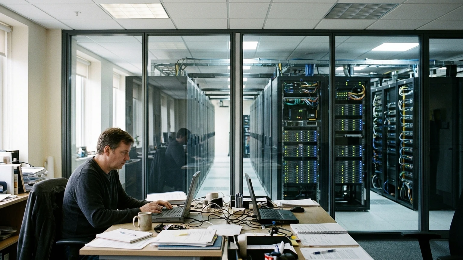 AI-generated office beside server room.