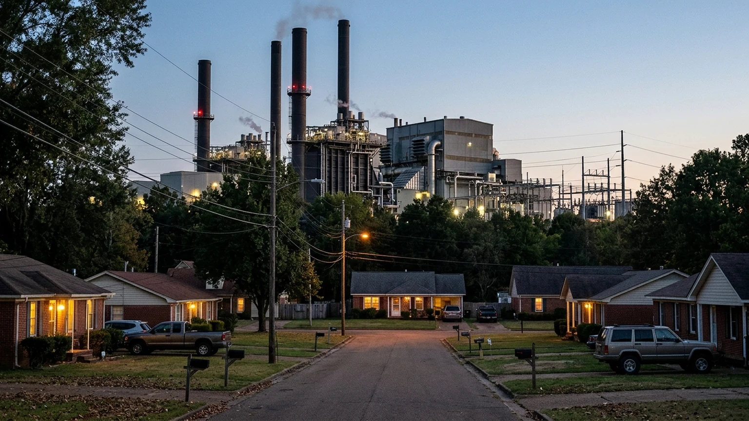 AI-generated image of a suburban street with a power plant in the background.